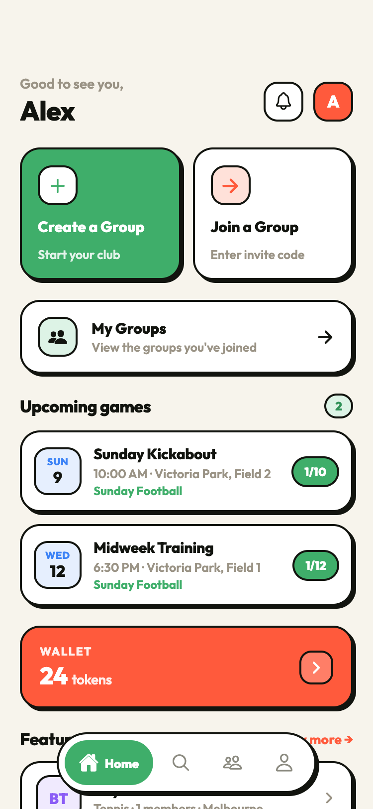 Sports Mate home screen — upcoming games, groups and token wallet